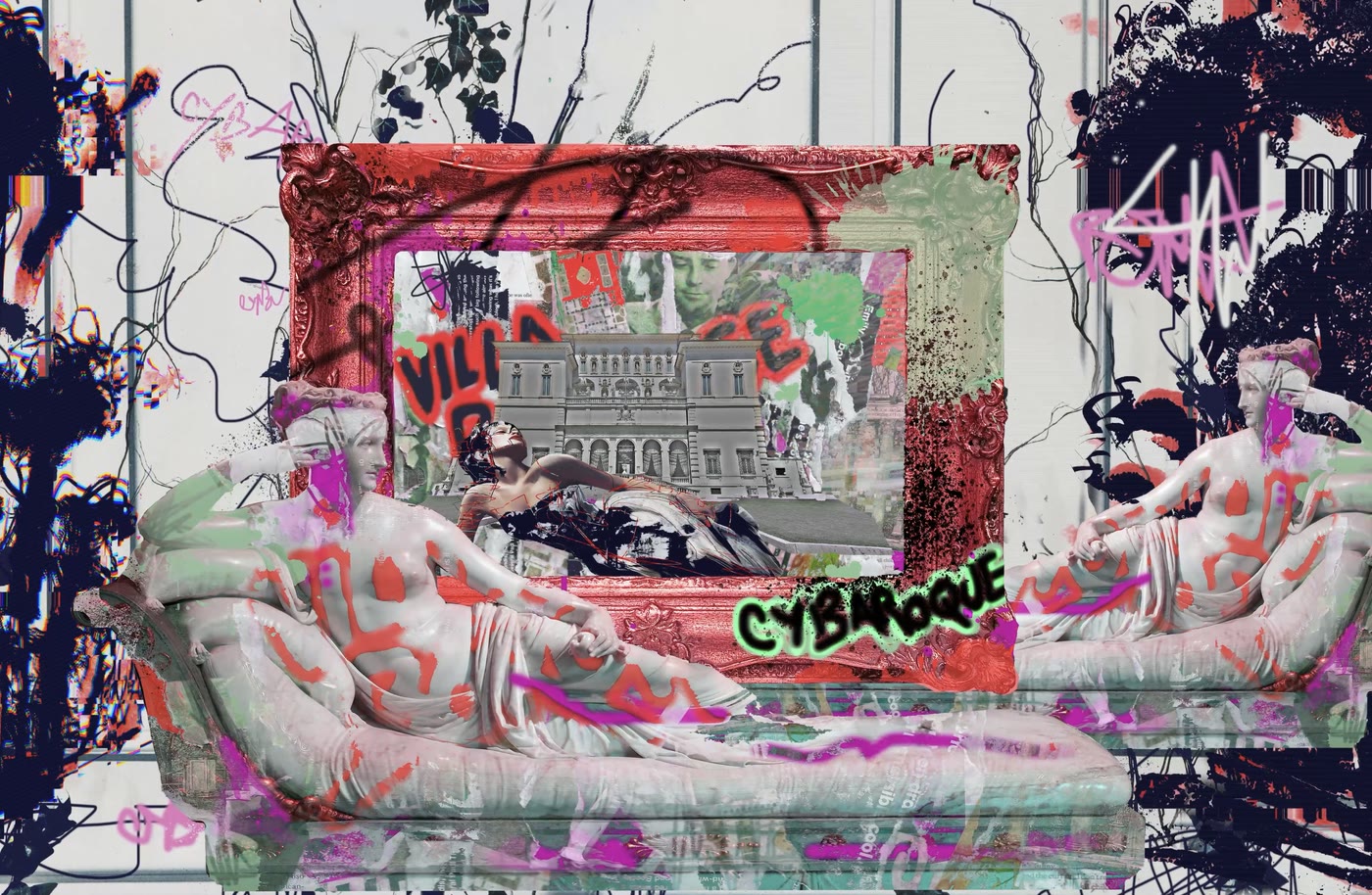 CYBAROQUE BORGHESE (2021) by Miss AL Simpson: twin reclining marble sculptures and a red Baroque frame around the Villa Borghese, sprayed with graffiti in pink, green and black
