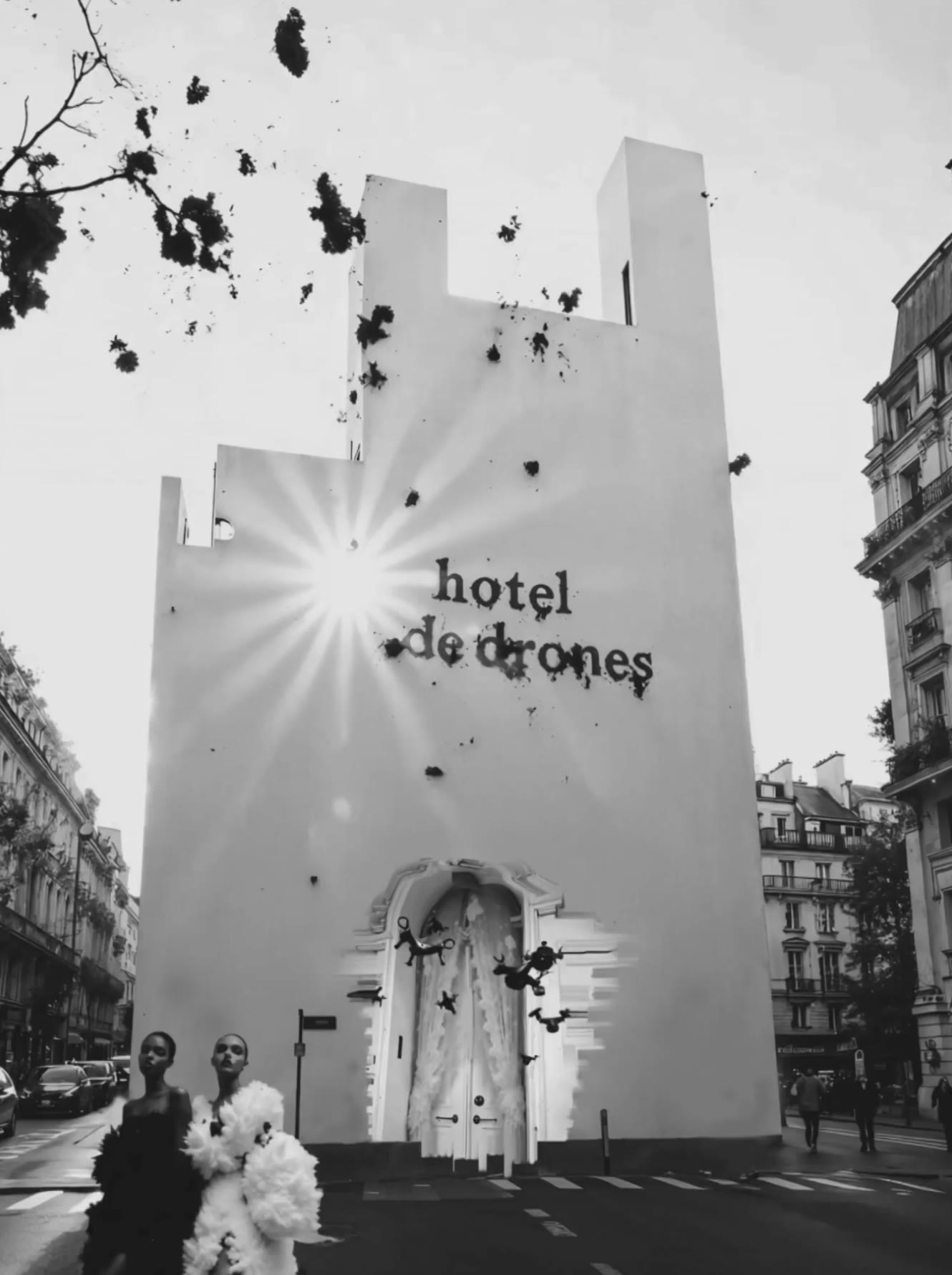 Les Drones de la Banlieue (2025) by Miss AL Simpson: a black-and-white Paris street, a white tower reading “hotel de drones”, drones at its door and two women in fur and tulle