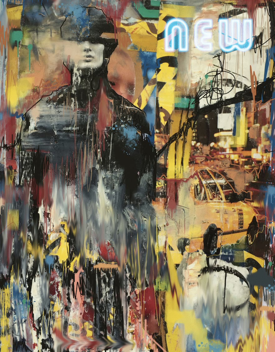 NYC Neon (2019) by Miss AL Simpson: a digital collage of a woman in a dark coat against New York streets, a yellow taxi, graffiti marks and a neon “new” sign