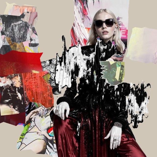 PAPER TRAIL #2143 (2026) by Miss AL Simpson: a blonde woman in studded sunglasses and burgundy velvet, collaged with torn fragments of the artist’s earlier works and black ink